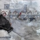 Este boceto judicial muestra al cirujano jubilado Joel Le Scouarnec durante una audiencia en el primer día de su juicio en el Tribunal Penal de Vannes.