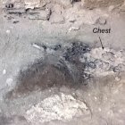 Restos del individuo fallecido "in situ" en su lecho en el Collegium Augustalium, Parque Arqueológico de Herculano en Nápoles, Italia