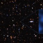 La imagen muestra la ubicación precisa en el cielo nocturno de la galaxia JADES-GS-z14-0, un punto extremadamente pequeño en la constelación de Fornax; a día de hoy, es la galaxia conocida más distante de la Tierra.