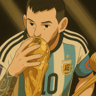 Lionel Messi recreado al estilo Ghibli con IA, celebrando su victoria en la Copa del Mundo 2022.