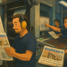 Imagen estilo Studio Ghibli generada con ChatGPT de personal en la rotativa de EXPRESO.