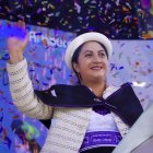 La alcaldesa de Ambato, Diana Caiza, durante la rendición de cuentas de su primer año de gestión.