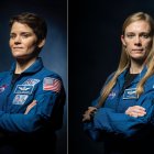 Fotografía cedida por la NASA donde aparecen las astronautas Anne McClain (i) y Nichole Ayers (d), quienes comenzaron este jueves una caminata espacial de más de seis horas para realizar mejoras de comunicaciones y abastecimiento eléctrico en la Estación Espacial Internacional