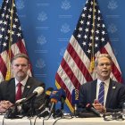 Ginebra. El secretario del Tesoro de Estados Unidos, Scott Bessent y el representante del Comercio, Jamieson Greer, anuncian la reducción de aranceles a China.