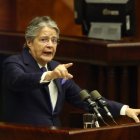 Guillermo Lasso durante su discurso de defensa ante el juicio político que llevó en su contra la Asamblea Nacional, en mayo de 2023.