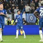 Jadon Sancho (C) of Chelsea celebrates scoring the 1-3 goal during the UEFA Europa Conference League final soccer match between Real Betis and Chelsea FC, in Wroclaw, Poland, 28 May 2025. (Polonia) EFE/EPA/Jakub Kaczmarczyk POLAND OUT