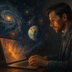 Un hombre crea un universo desde su computadora, en una escena que simboliza cómo la inteligencia artificial transforma palabras en mundos visuales.