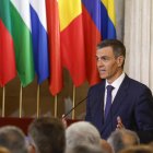 El presidente del Gobierno, Pedro Sánchez, interviene durante el acto de conmemoración del XL aniversario de la firma del Tratado de Adhesión a España a las Comunidades Europeas, este jueves en el Palacio Real.