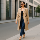 Ejemplo de sandwich dressing: abrigo y estiletos del mismo color (‘panes’), pantalón contrastante (‘relleno’) y camiseta que realza la armonía del look.