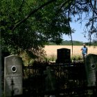 Mirko Bogicevic, de 68 años, residente local y cronista del pueblo, pasa por los cementerios de Kisiljevo el 23 de junio de 2025.over old headstones under a pile of undergrowth. (Photo by OLIVER BUNIC / AFP)