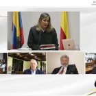 Captura de video del Complejo Judicial de Paloquemao que muestra a la jueza Sandra Heredia (arriba), al abogado Jaime Granados (2d-abajo) y al expresidente colombiano Álvaro Uribe (2i-abajo), durante una audiencia que se realiza este lunes, en Bogotá (Colombia).