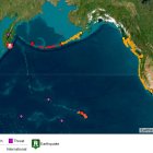 Imagen cedida por el Servicio Meteorológico Nacional (NOAA) de los Estados Unidos y su Sistema de Alerta de Tsunamis que muestra el punto origen del terremoto.