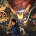 Una persona camina frente a un mural del pintor Miguel Alandia Pantoja en el Museo Nacional de Arte en La Paz (Bolivia).