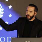 El presidente de El Salvador, Nayib Bukele, hablando en Antiguo Cuscatlán (El Salvador).