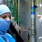 Un trabajador en una empresa de Ecuador que faena pollos.