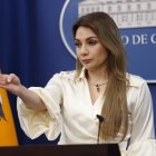 Carolina Jaramillo, vocera presidencial, durante el anuncio en Carondelet.