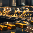 Vitrinas de lujo en el famoso Zoco del Oro de Dubái, donde joyerías como Art Diamond GoldSmith exhiben collares y lingotes adquiridos a exportadoras ecuatorianas.