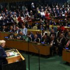 El presidente Donald Trump, pronuncia un discurso ante la Asamblea General de las Naciones Unidas en la sede de la ONU en la ciudad de Nueva York el 23 de septiembre de 2025.