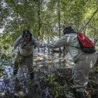 Un voluntario de la ONG Guardianes del Mar recoge residuos entre manglares en la Bahía de Guanabara el 16 de octubre de 2025,Río de Janeiro (Brasil).