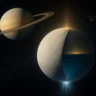 Ilustración de Encélado, luna helada de Saturno, mostrando su océano subterráneo y los géiseres que emergen desde su polo sur, observada por una nave espacial en la distancia.