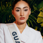 La representante de Guatemala celebra su clasificación al Top 30 durante la gala preliminar de Miss Universo 2025.