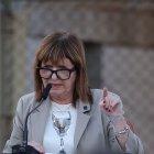 Fotografía de la saliente ministra de Seguridad de Argentina, Patricia Bullrich, durante una conferencia de prensa, en Ezeiza (Argentina).