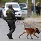 Un policía inspecciona con un perro en el lugar donde un artefacto explosivo acabó con la vida de dos policías este martes, en Cali (Colombia).