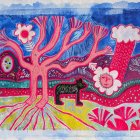 Cristina Salas trabaja con medios mixtos que incluyen dibujo, pintura, fibras, cerámica, mosaicos y objetos encontrados.