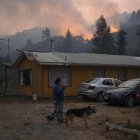 Una mujer camina cerca a un incendio forestal en la comuna de Chaimávida, en Concepción a unos 491 km aproximadamente de Santiago (Chile).