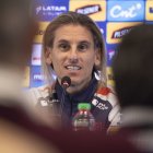 El seleccionador de Ecuador, Sebastián Beccacece, durante la rueda de prensa previa al partido que les enfrentará a la selección de Marruecos mañana en Leganés, Madrid.