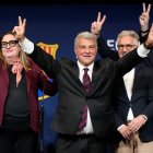 Joan Laporta celebra su reelección como presidente del FC Barcelona tras arrasar en las urnas este 15 de marzo