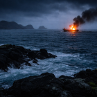 Foto creada con inteligencia artificial de una embarcación incendiándose en altamar en la región insular de Ecuador.