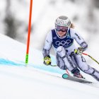 Ester Ledecká en su presentación de esquí