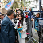 Luisa González llegó al Tribunal Contencioso Electoral (TCE) y fue recibida por algunos militantes, el 13 de marzo del 2026.