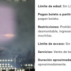 Captura del portal web Ticketmaster que establecía las siguientes características para la presentación