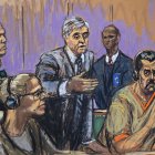 Fotografía de un dibujo realizado por la artista Jane Rosenberg donde aparece el presidente depuesto de Venezuela, Nicolás Maduro (d), junto a su esposa Cilia Flores (2-i), y sus abogados Mark Donnelly (i) y Barry pollack (c), durante su comparecencia este lunes, ante un tribunal federal en Nueva York (EE.UU.).