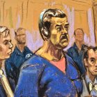 Un dibujo de Jane Rosenberg donde aparece el presidente de Venezuela, Nicolás Maduro, compareciendo ante un tribunal federal de Nueva York.