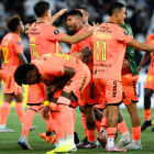 Jugadores de Barcelona celebran la clasificación en la Copa Libertadores.
