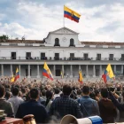 Escena simbólica de presión ciudadana y crisis institucional en Ecuador frente al Palacio de Carondelet.
