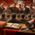 Representación simbólica de líderes del comunismo y su influencia ideológica sobre las masas trabajadoras en un contexto de propaganda política.