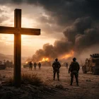 La cruz iluminada contrasta con un escenario de guerra, simbolizando el debate sobre el uso de la religión para justificar conflictos armados.