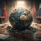 Un globo terráqueo fracturado en medio de una mesa diplomática simboliza las tensiones y cuestionamientos actuales al orden internacional basado en normas.