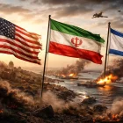 Banderas de Estados Unidos, Irán e Israel frente a un escenario de tensión militar en el estrecho de Ormuz, símbolo de la frágil tregua en Oriente Medio.
