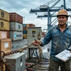 Un exportador ecuatoriano en un puerto logístico simboliza la lucha entre la apertura a mercados globales y las limitaciones internas.