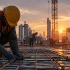 Obreros trabajan en una obra al amanecer, reflejando el esfuerzo humano y el valor del trabajo digno en el desarrollo social.