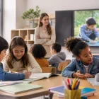 Niños interactúan de forma colaborativa en el aula mientras una docente guía el aprendizaje basado en valores.
