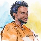 Boceto en la sala del tribunal de David Anthony Burke durante la sesión del jueves 23 de abril de 2026.