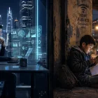 La inteligencia artificial promete cambiar el mundo, pero en Ecuador todavía hay quienes deben sentarse en una vereda para conectarse a internet y hacer sus tareas.