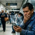 Un ciudadano observa con angustia cómo sus datos biométricos —huellas dactilares y rasgos faciales— se desvanecen en un entorno digital inseguro.