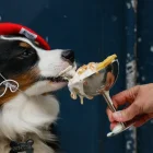 Marley, un perro pastor americano miniatura, come una "Vip Pup Cup" en la cafetería para perros "Le Bone Appart" en París el 7 de mayo de 2026.
